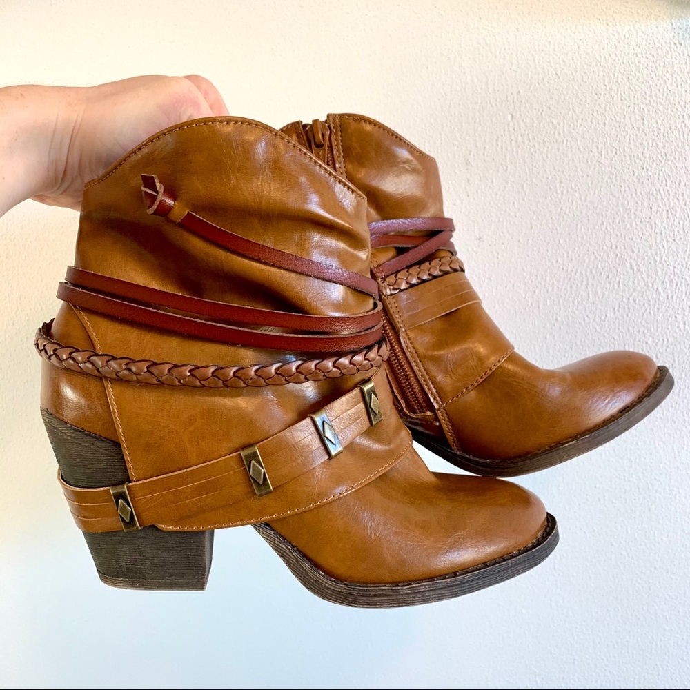 Brown Strap Western Ankle Boot Booties 6.5